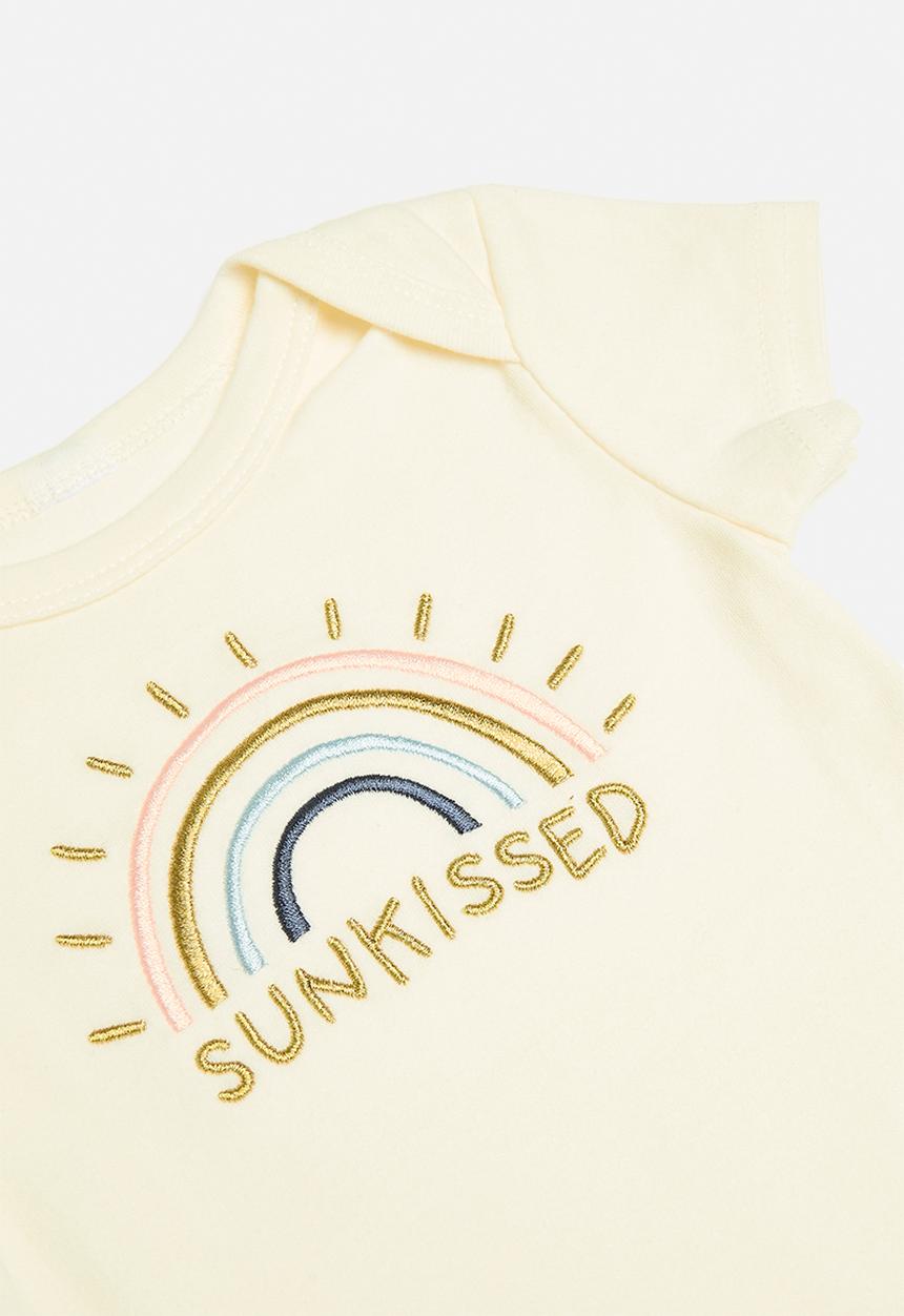 Pop Candy - Embroidered graphic and slogan romper - cream/rainbow/sunkissed