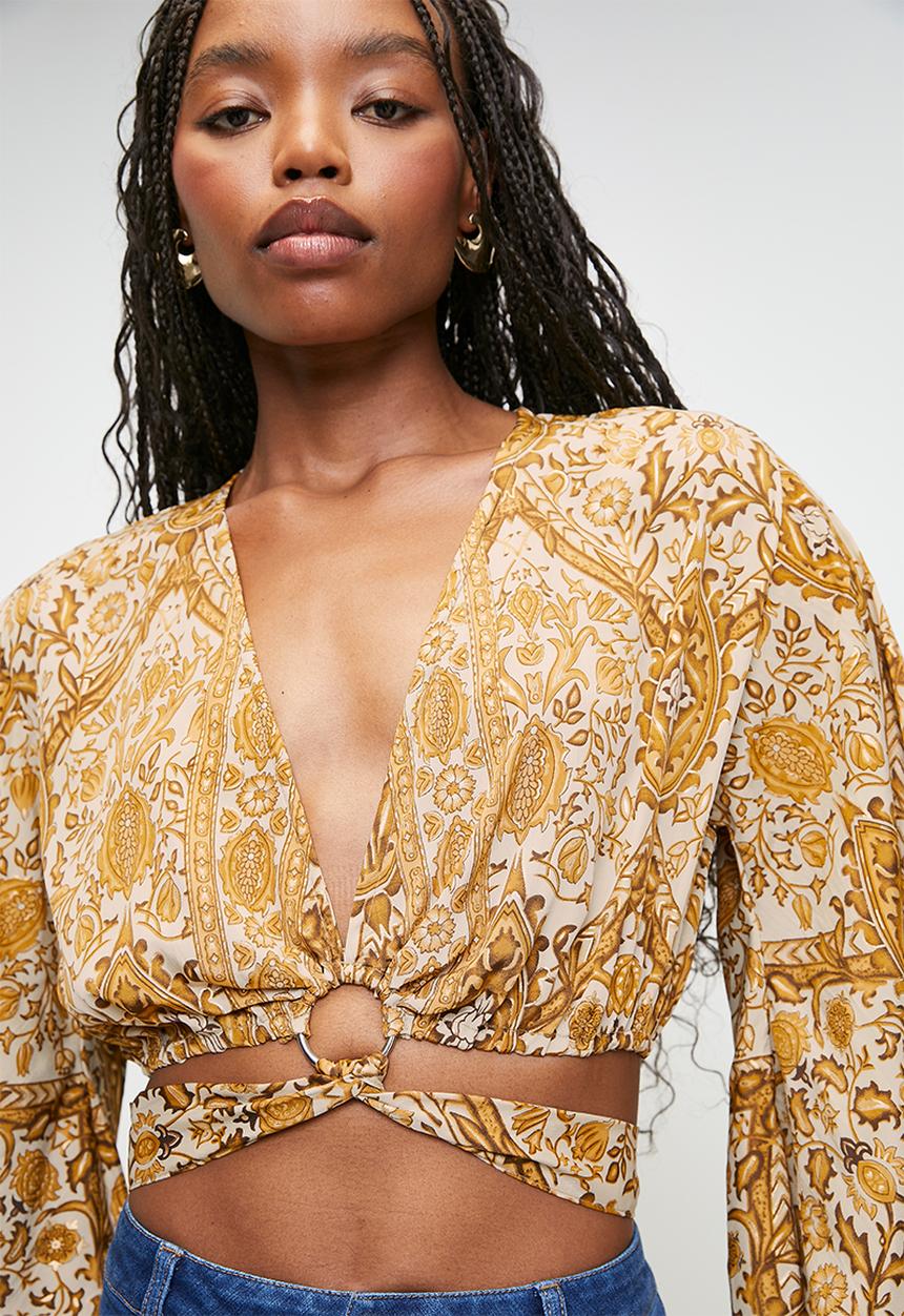 MANDI - Extreme Bell Sleeve With Tie Front D-Ring Detail - Mustard