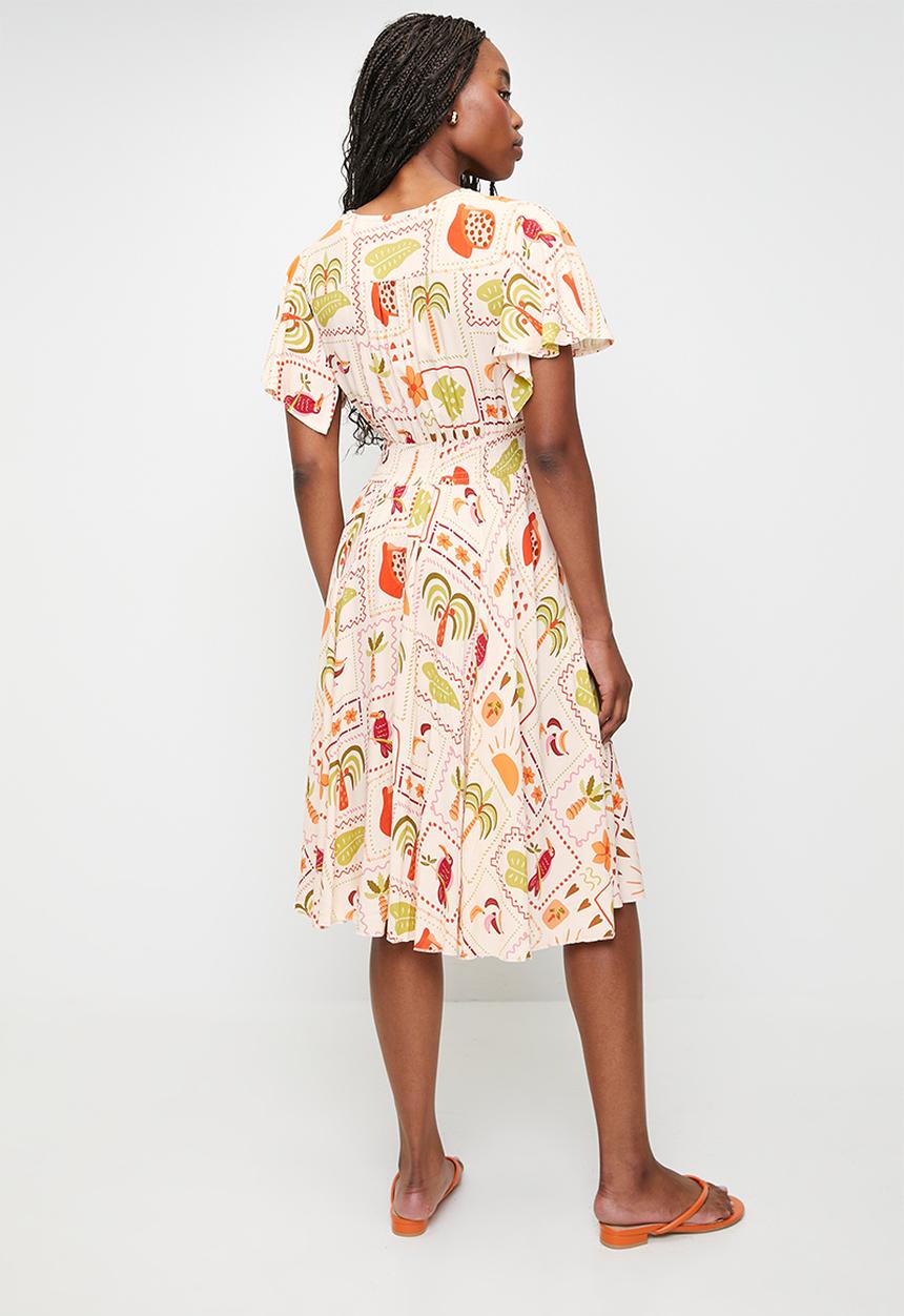 MANDI - V-Neck Flutter Sleeve Midi Dress With Buttons - Pink