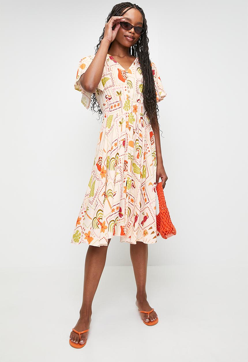 MANDI - V-Neck Flutter Sleeve Midi Dress With Buttons - Pink