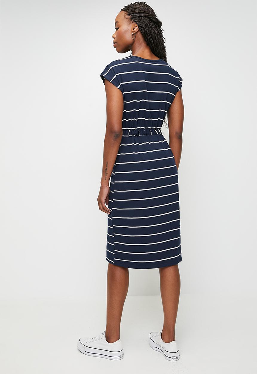 Stella Morgan - Cap Sleeve Drawcord Easy Wearing T-Shirt Midi Dress - Navy And White Stripe
