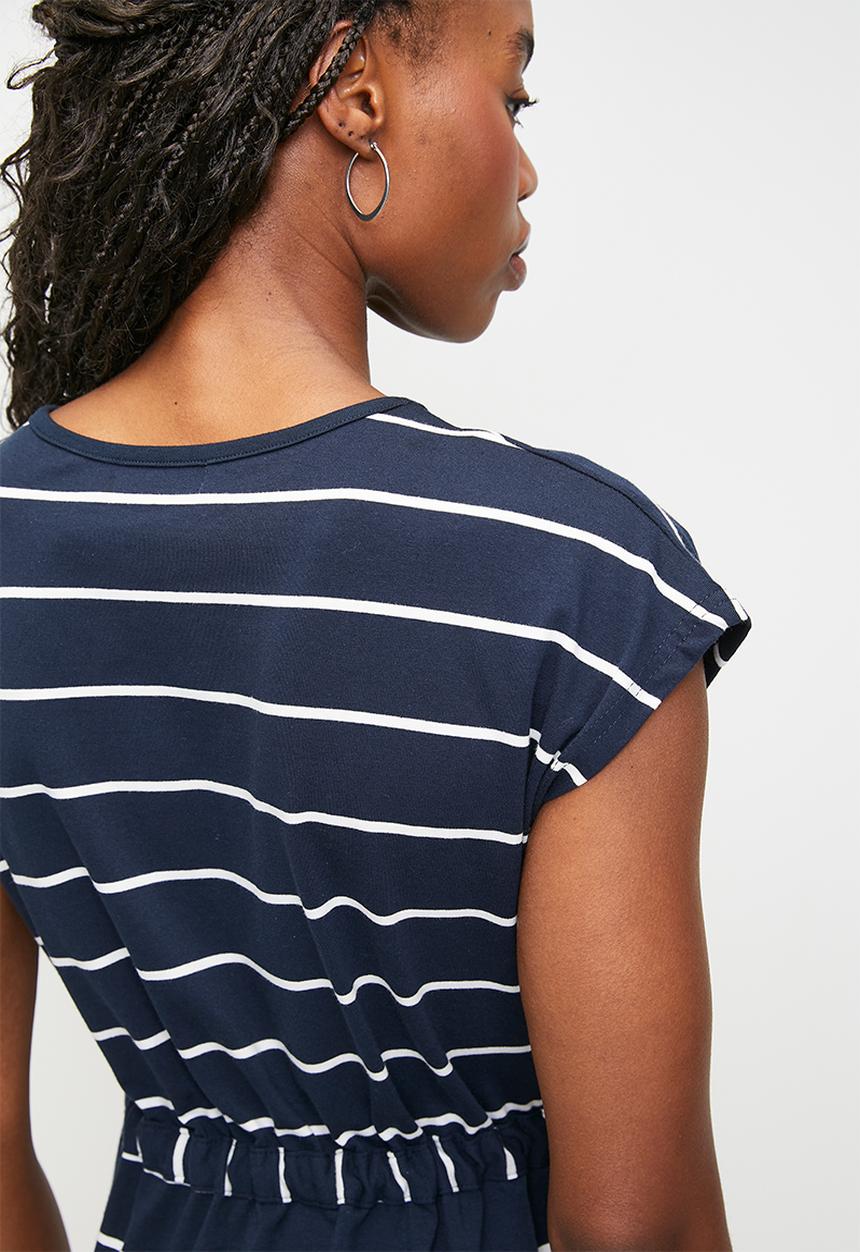 Stella Morgan - Cap Sleeve Drawcord Easy Wearing T-Shirt Midi Dress - Navy And White Stripe