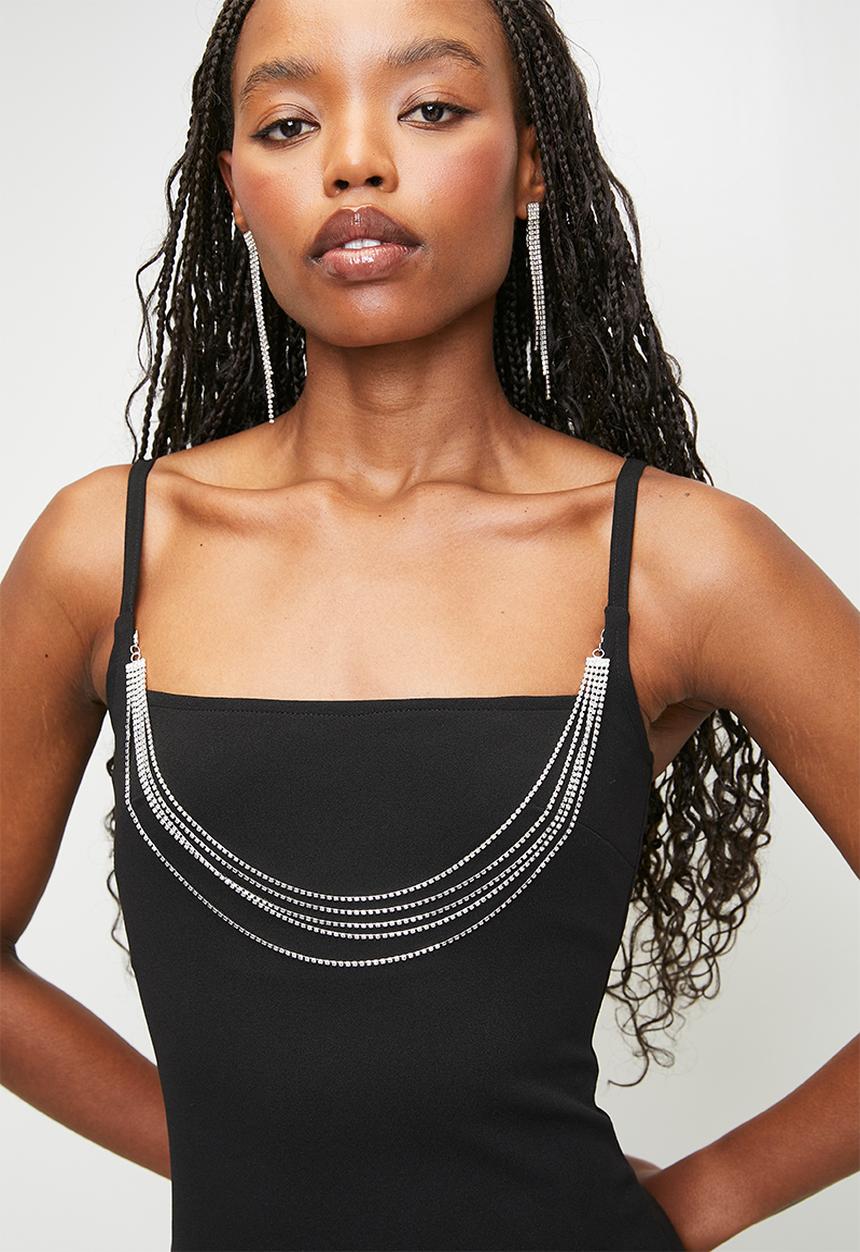 SISSY BOY - Bold Statement Maxi Dress With A Straight Neckline And Curved Slit With Diamante Trim - Black