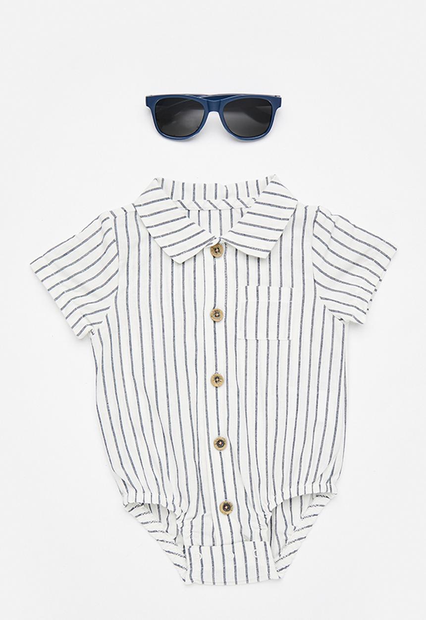 Pop Candy - Shirt-style bodysuit with sunnies - white/blue stripe