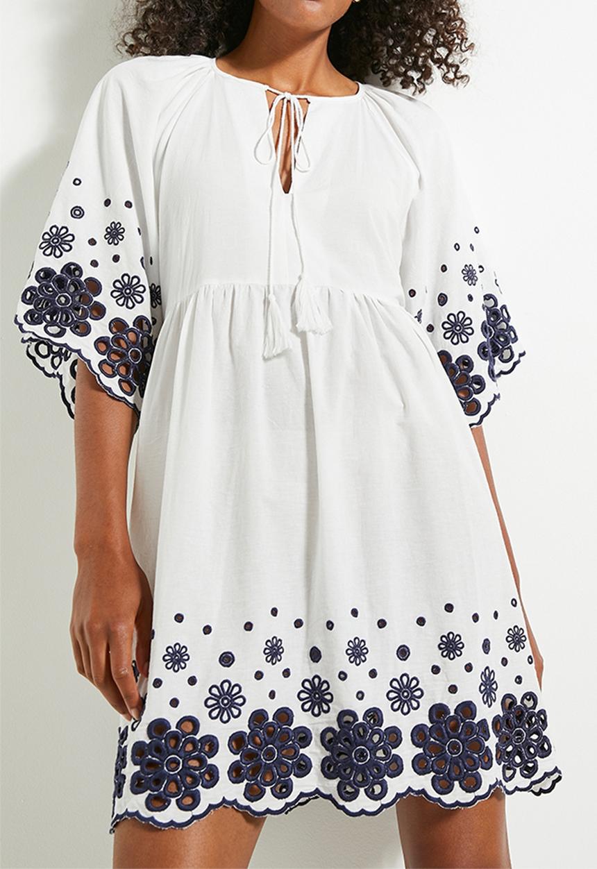 Superbalist - Embroidery babydoll mini dress - milk & navy
