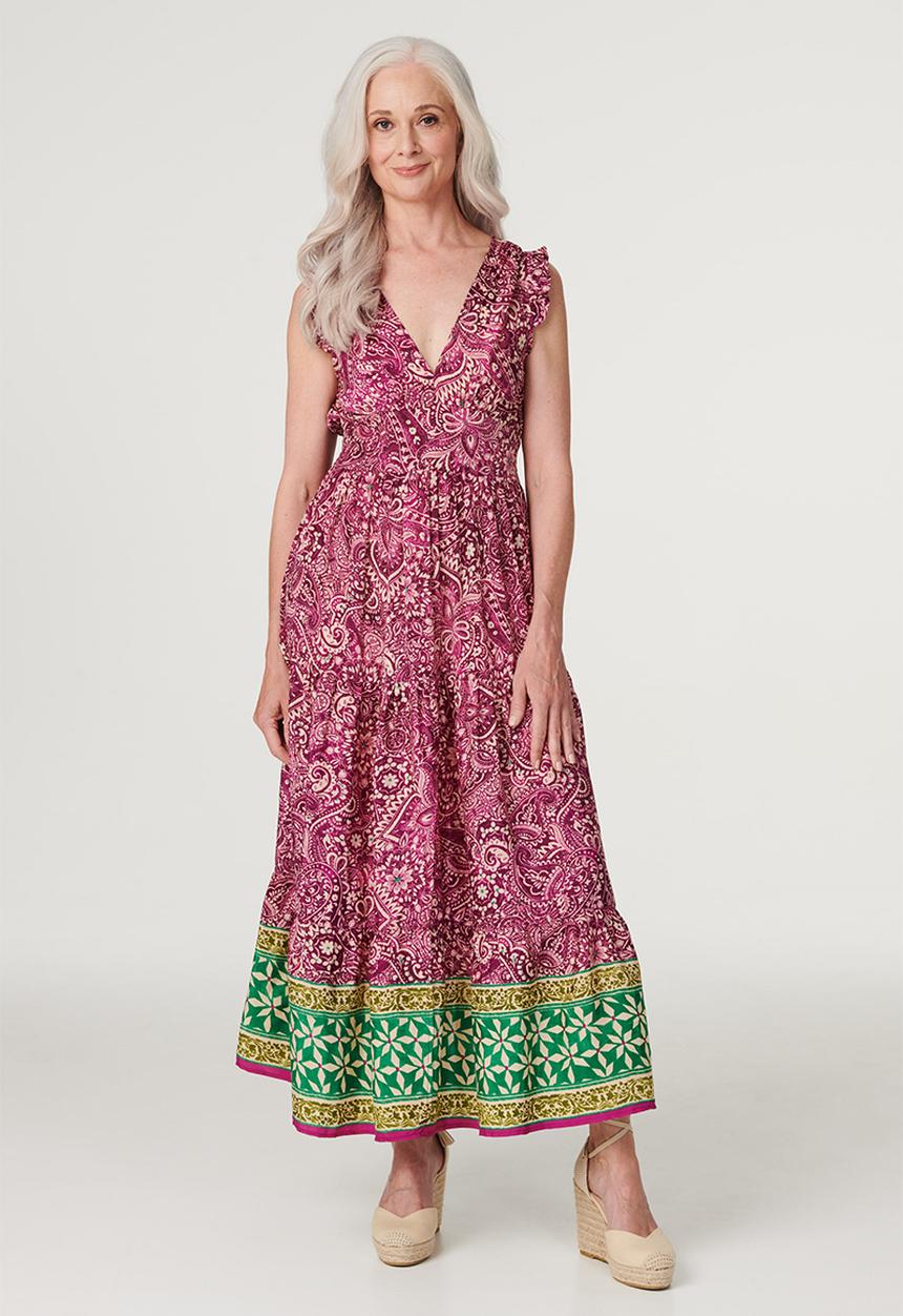 Izabel London - Cap Sleeve Flutter V-Neck Maxi Dress With Border Print At Hem - Multi