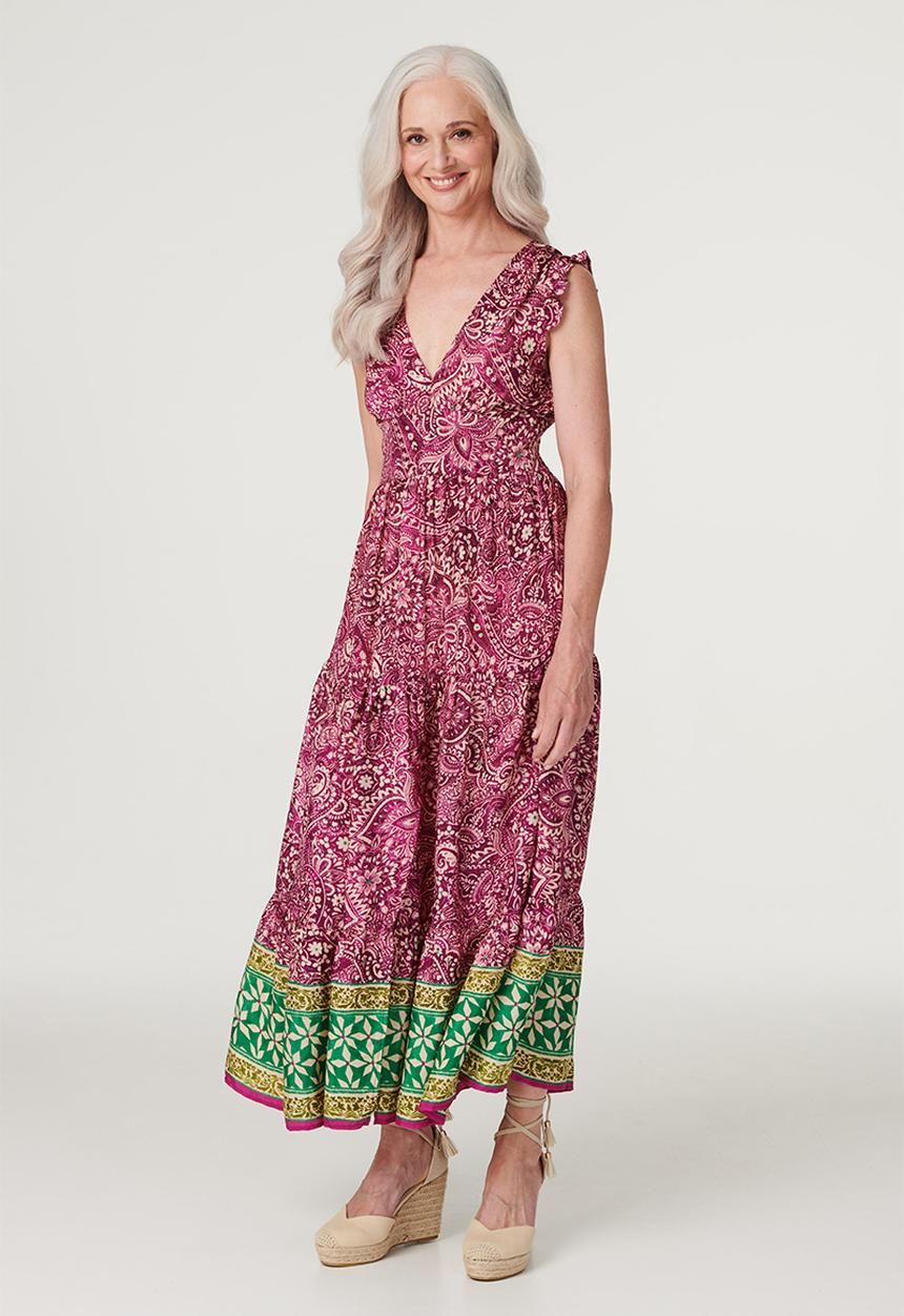 Izabel London - Cap Sleeve Flutter V-Neck Maxi Dress With Border Print At Hem - Multi