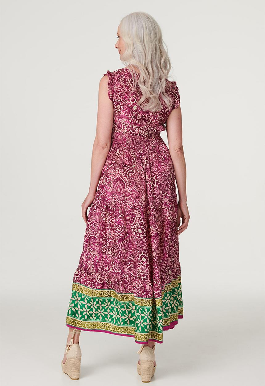 Izabel London - Cap Sleeve Flutter V-Neck Maxi Dress With Border Print At Hem - Multi