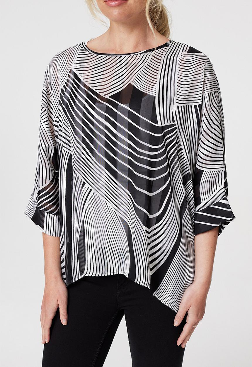 Izabel London - Loose Fitting Batwing Stripe Blouse - Multi Black