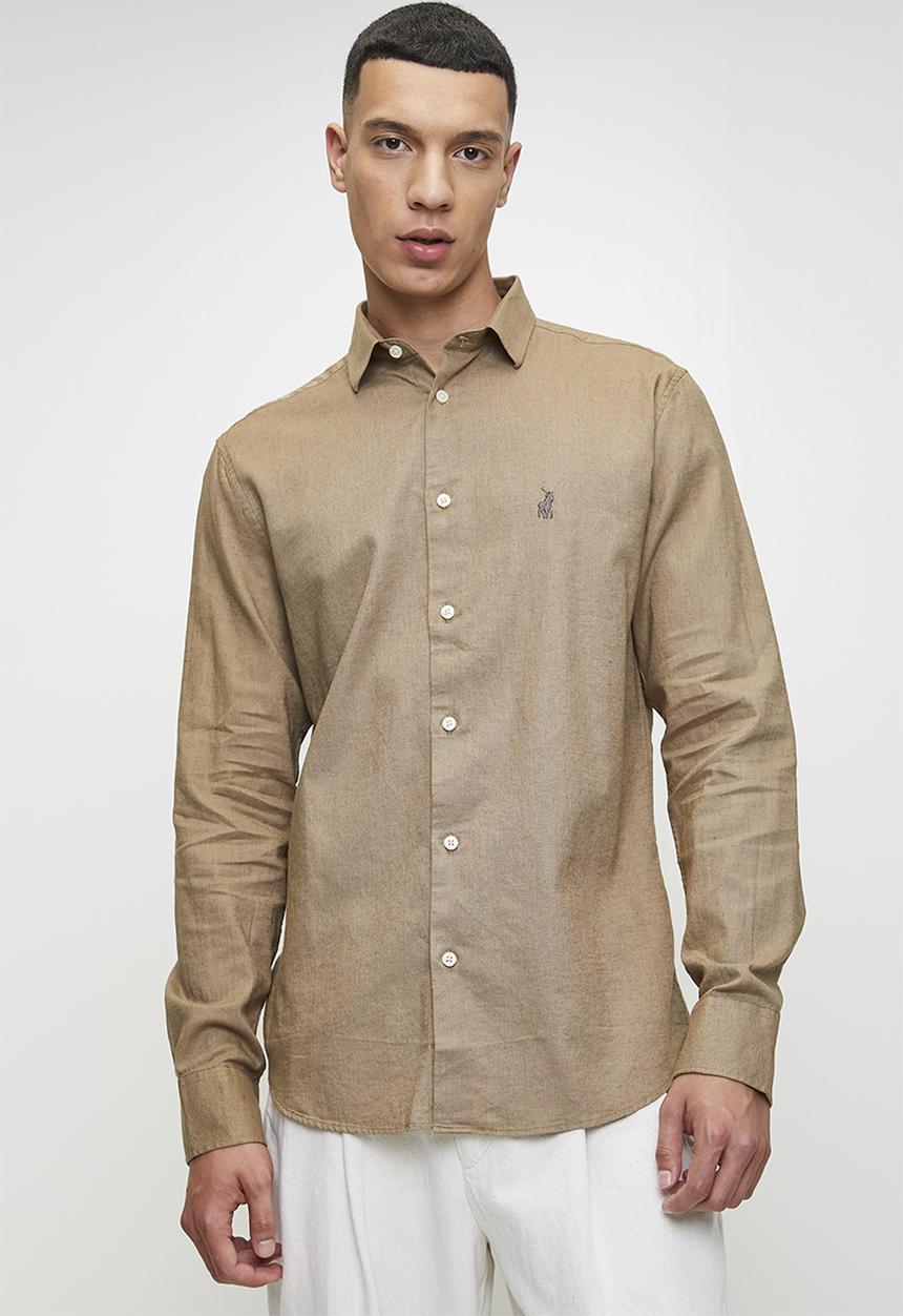 POLO - LEX  SS PLAIN LINEN SHIRT - TAUPE