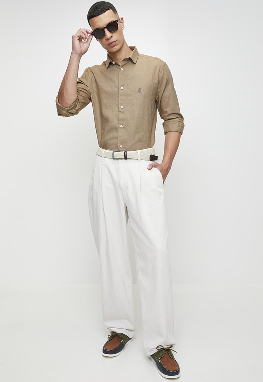 POLO - LEX  SS PLAIN LINEN SHIRT - TAUPE