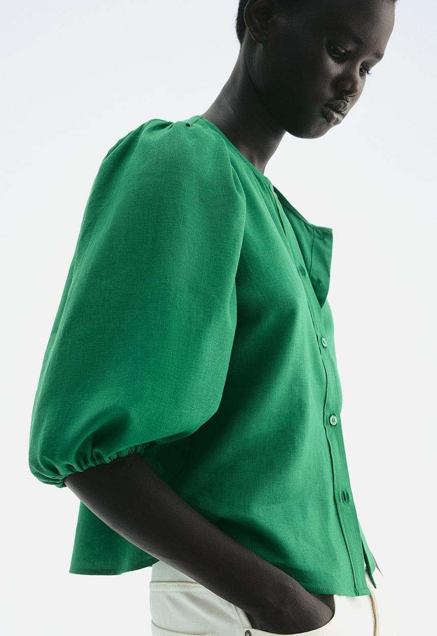 H&M - Linen-blend blouse - green