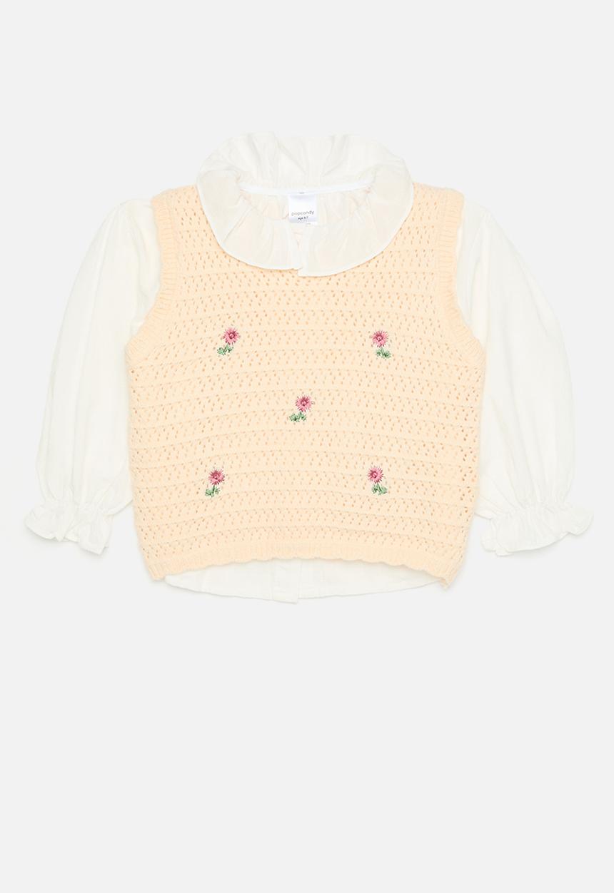 Pop Candy - Knitted floral vest with pleated collar shirt - white/neutral