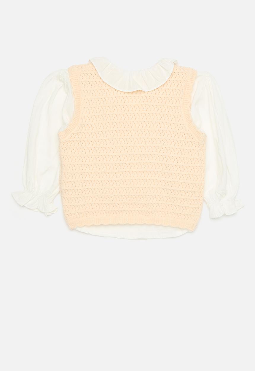 Pop Candy - Knitted floral vest with pleated collar shirt - white/neutral