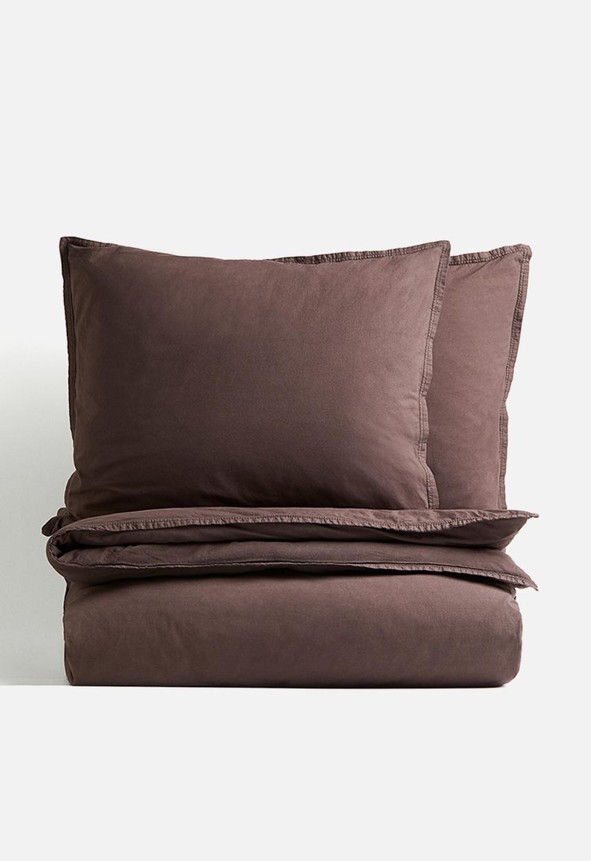 H&M - Washed cotton double/king duvet cover set - dark brown