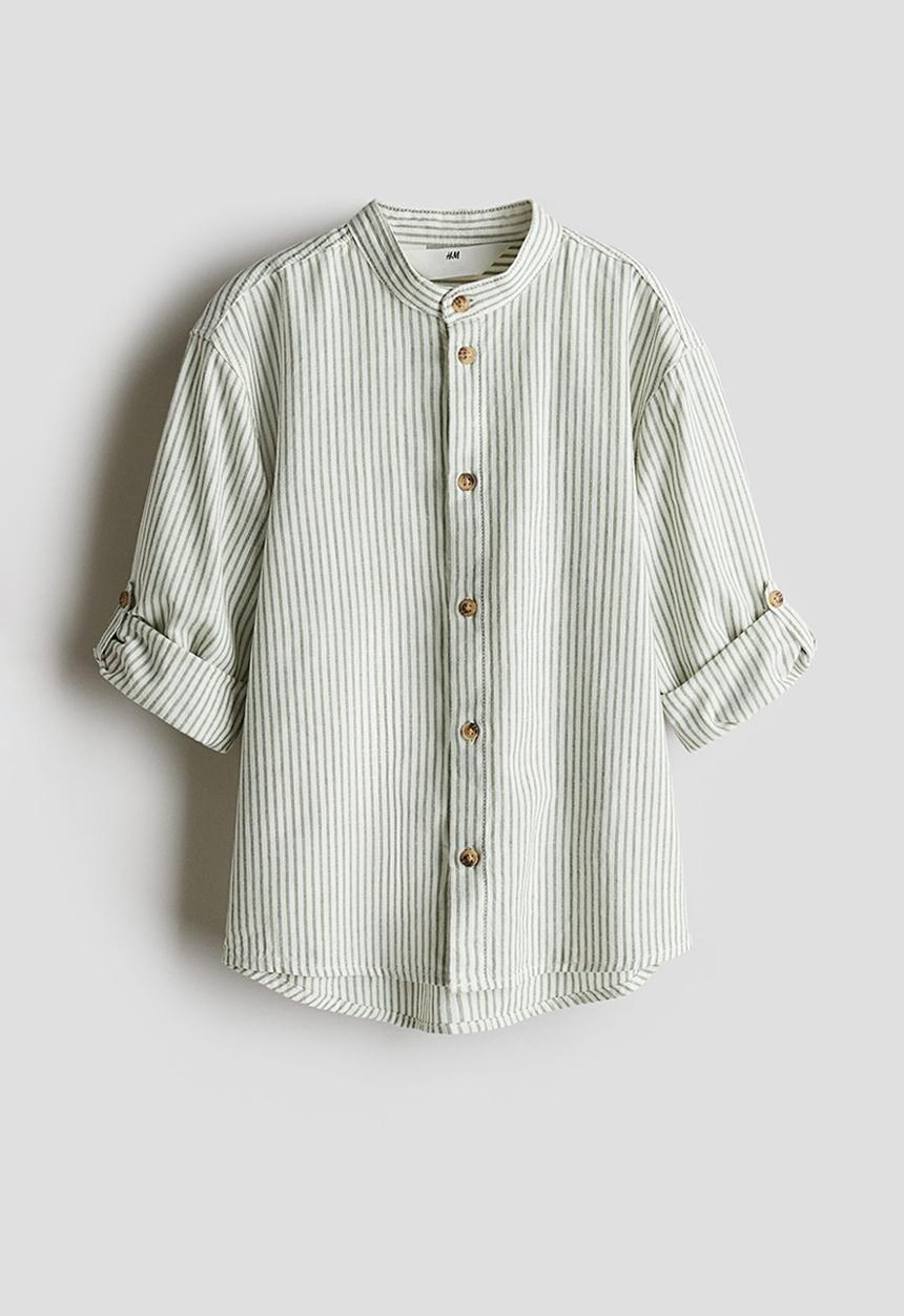 H&M - Linen-blend grandad shirt - light green/striped