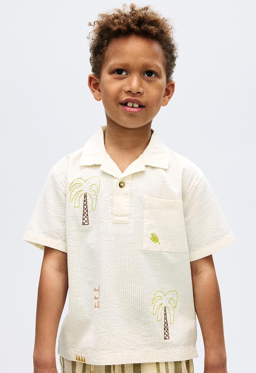 H&M - Cotton seersucker polo shirt - cream/palm trees