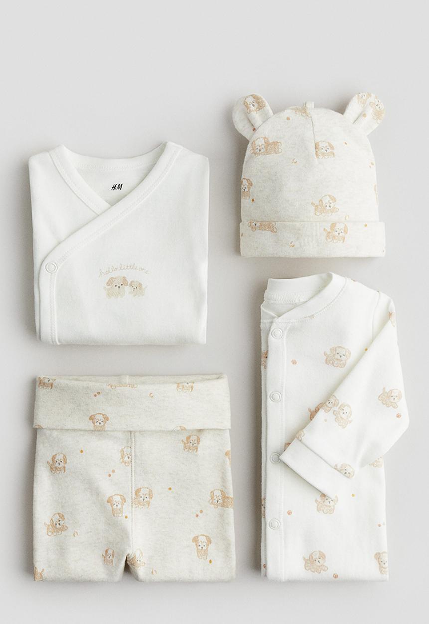 H&M - 4 piece cotton jersey gift set - light beige puppies