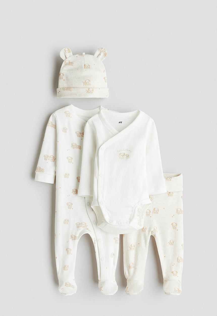 H&M - 4 piece cotton jersey gift set - light beige puppies