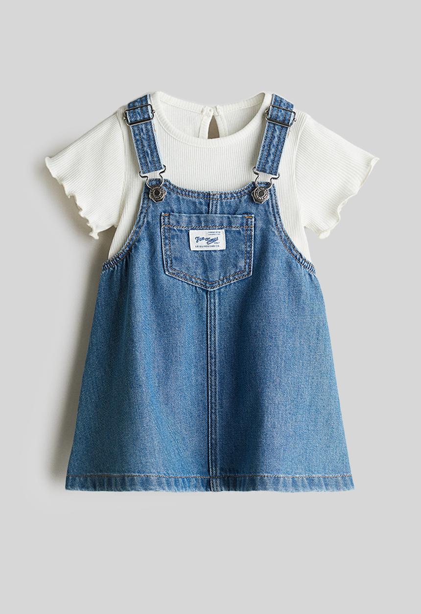 H&M - 2-Piece dungaree dress and top set - denim blue/white