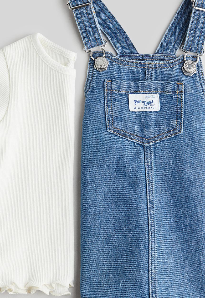H&M - 2-Piece dungaree dress and top set - denim blue/white