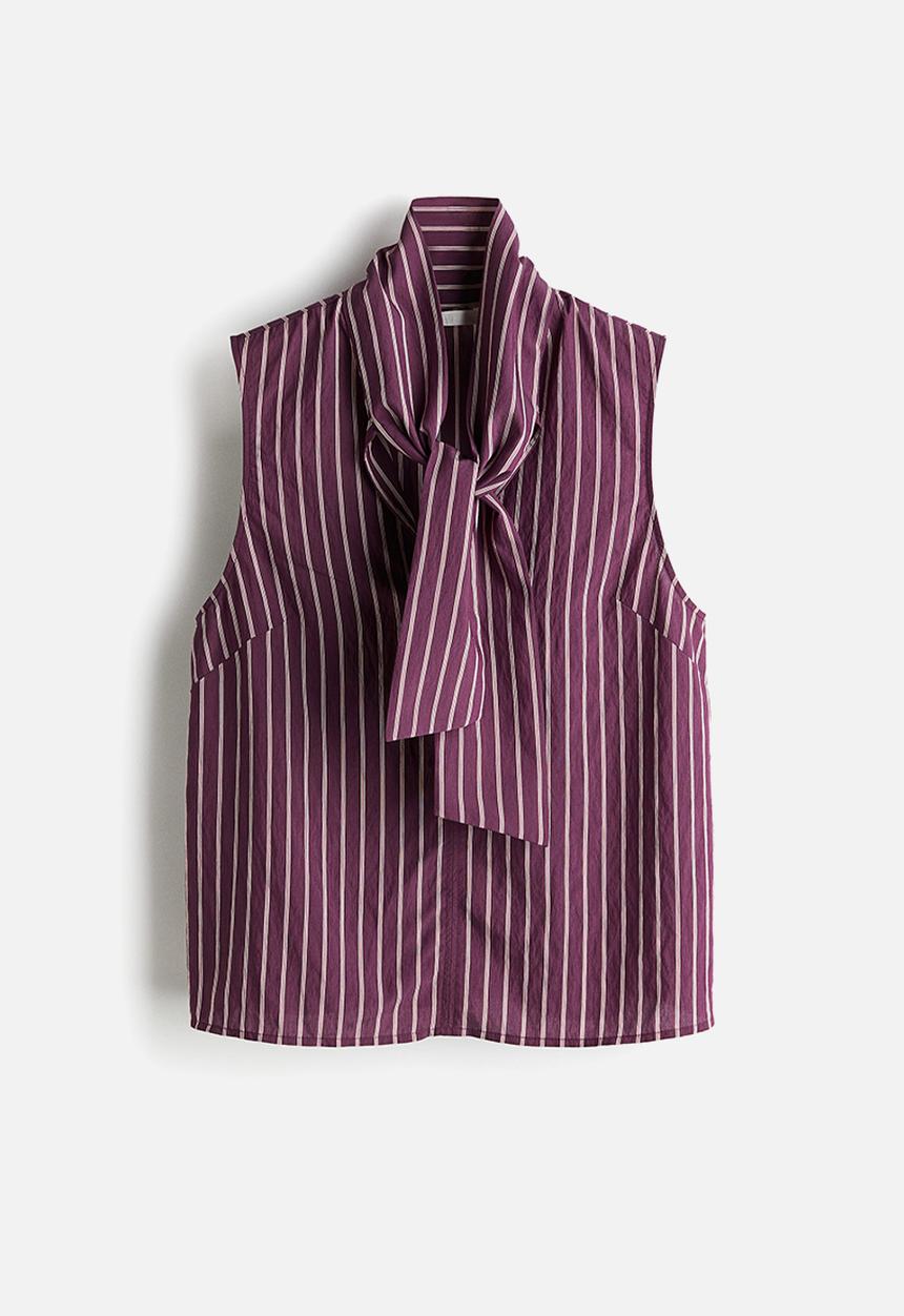 H&M - Tie-neck blouse - dark purple/striped 