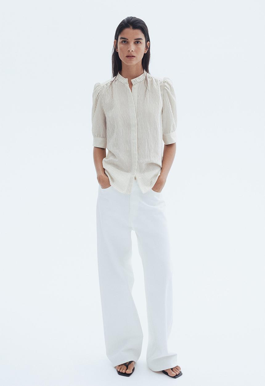 H&M - Puff-sleeved blouse - cream striped