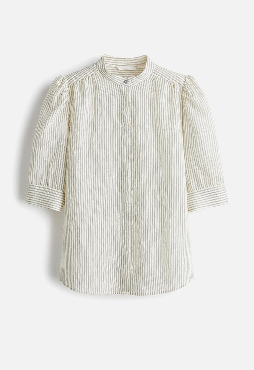 H&M - Puff-sleeved blouse - cream striped