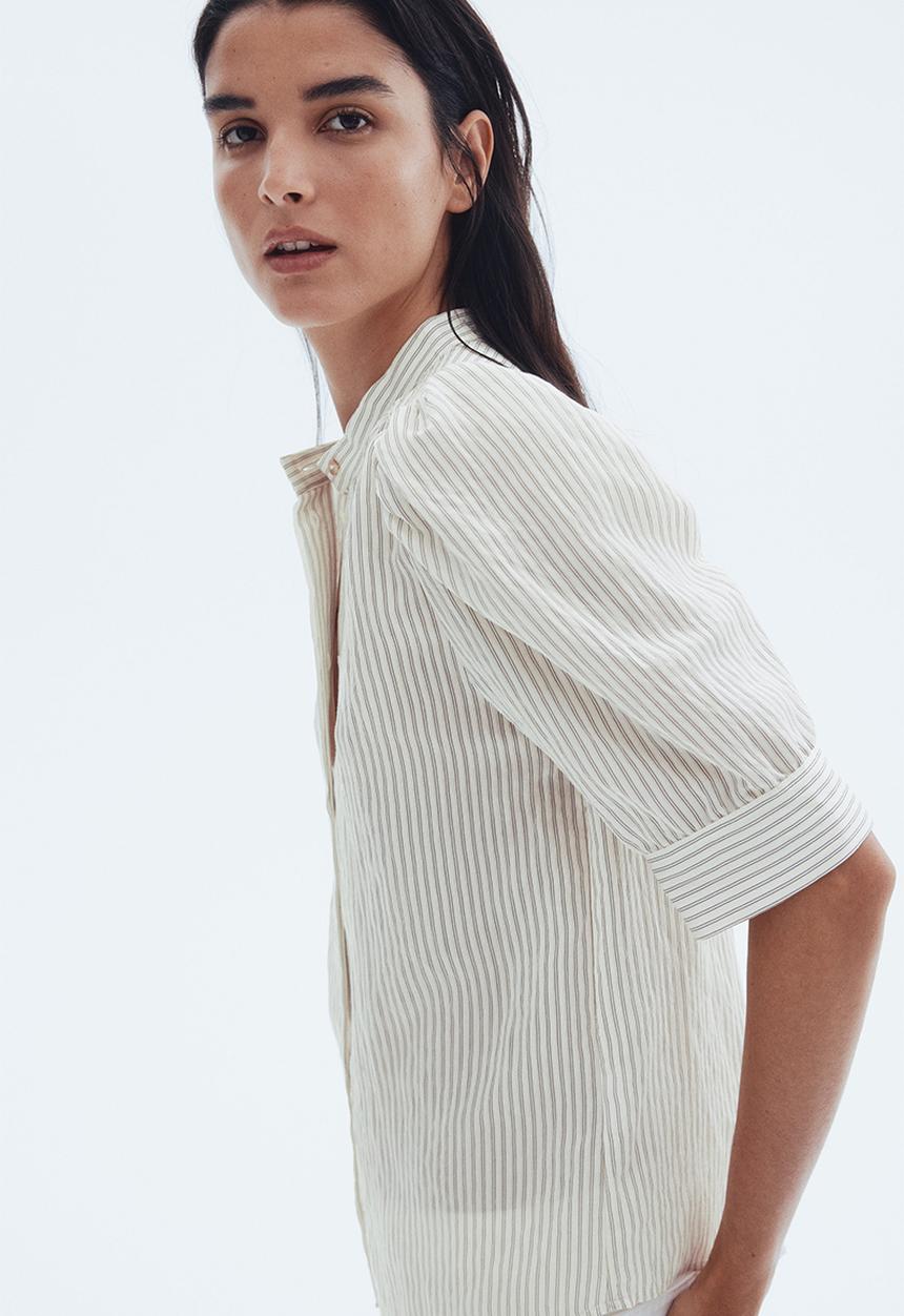 H&M - Puff-sleeved blouse - cream striped