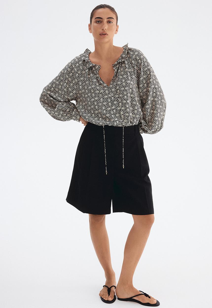 H&M - Frill-collar blouse - cream & dark grey patterned