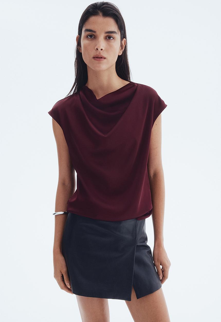 H&M - Cap-sleeved satin blouse - burgundy