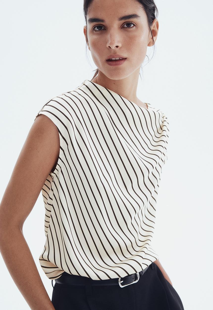 H&M - Cap-sleeved satin blouse - cream striped