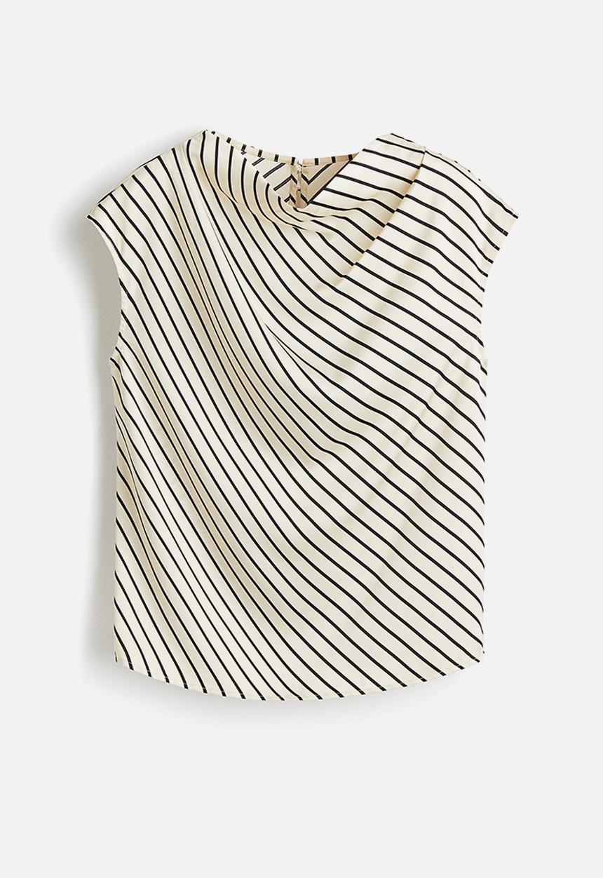 H&M - Cap-sleeved satin blouse - cream striped