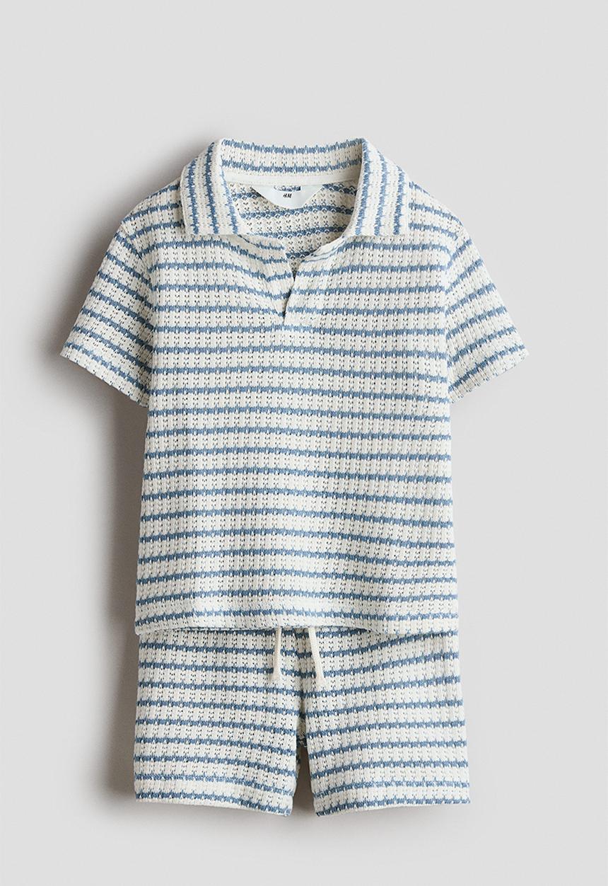 H&M - 2-piece textured-knit set - white/blue striped 
