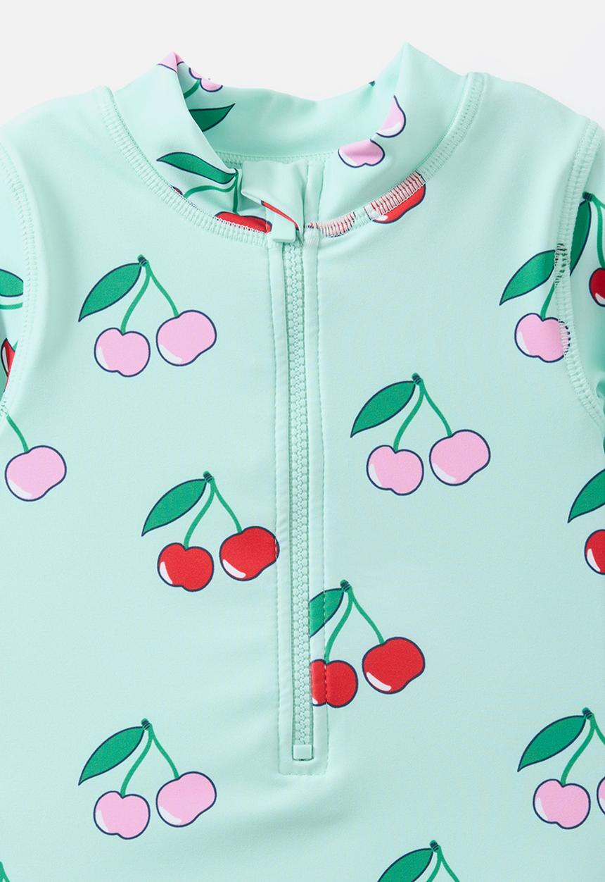 Cotton On - Lucy long sleeve ruffle back swimsuit-blue aura/cherries