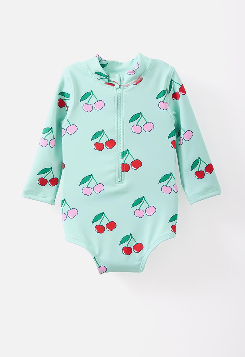 Cotton On - Lucy long sleeve ruffle back swimsuit-blue aura/cherries
