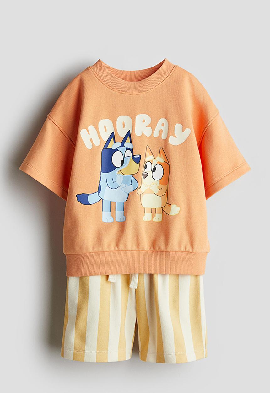 H&M - 2-piece printed sweatshirt set -  light orange/bluey