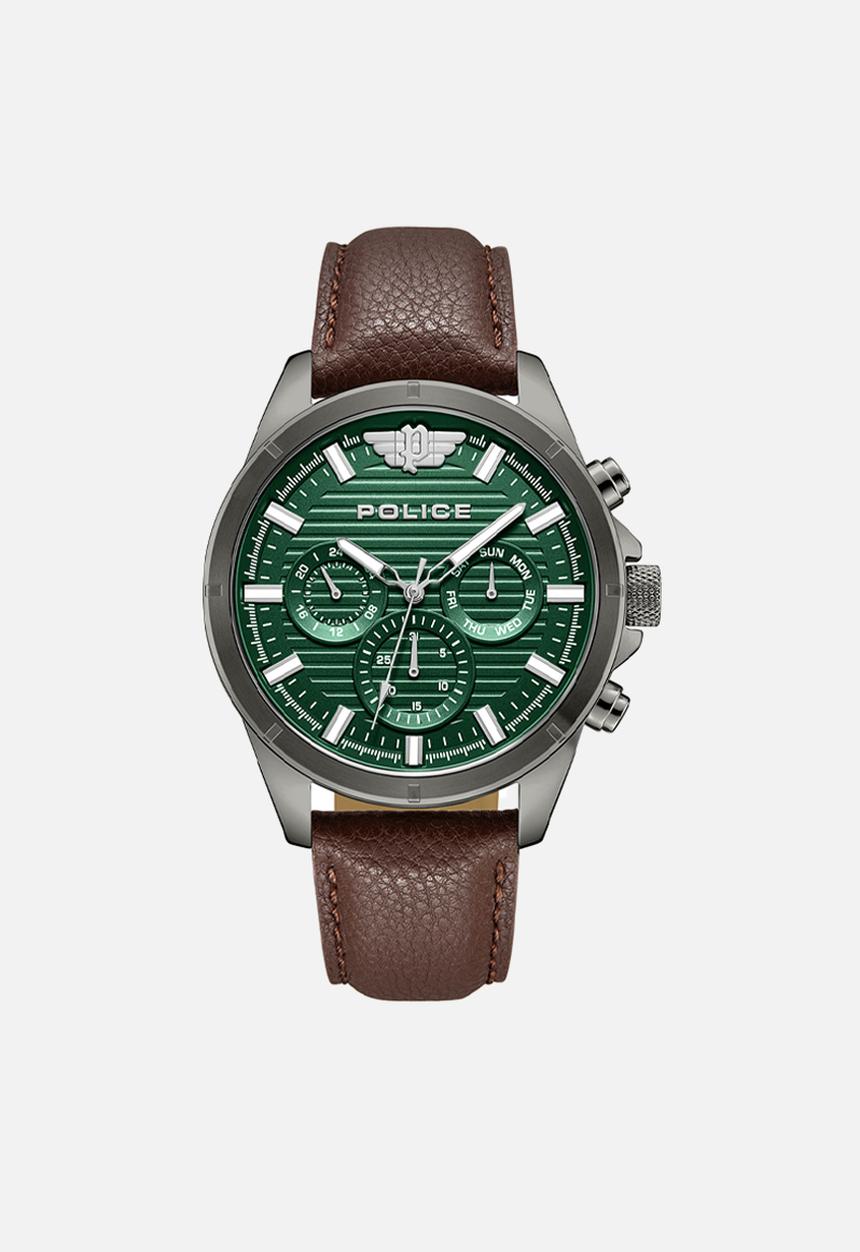 Police - Gun Case Green Dial Leather Strap - Brown