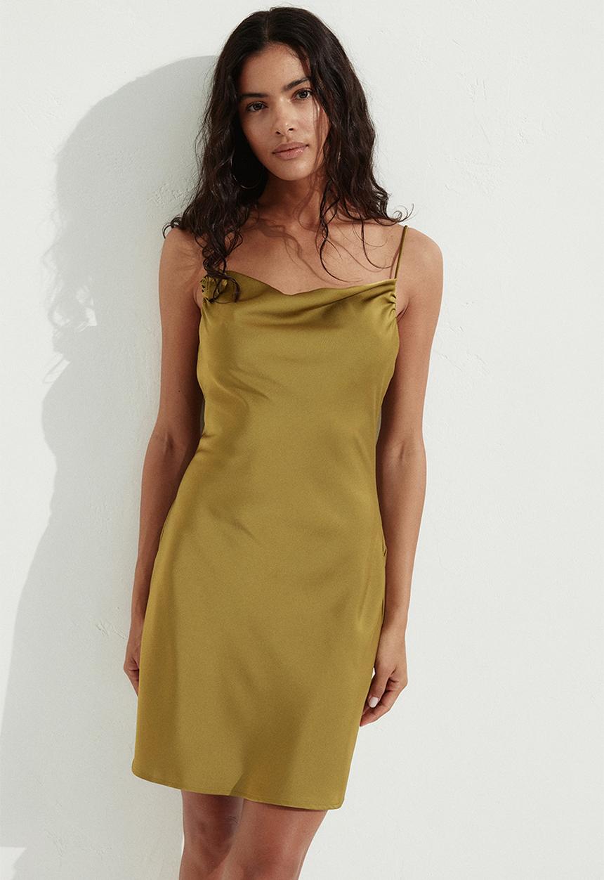 H&M - Tie-detail satin slip dress - golden olive