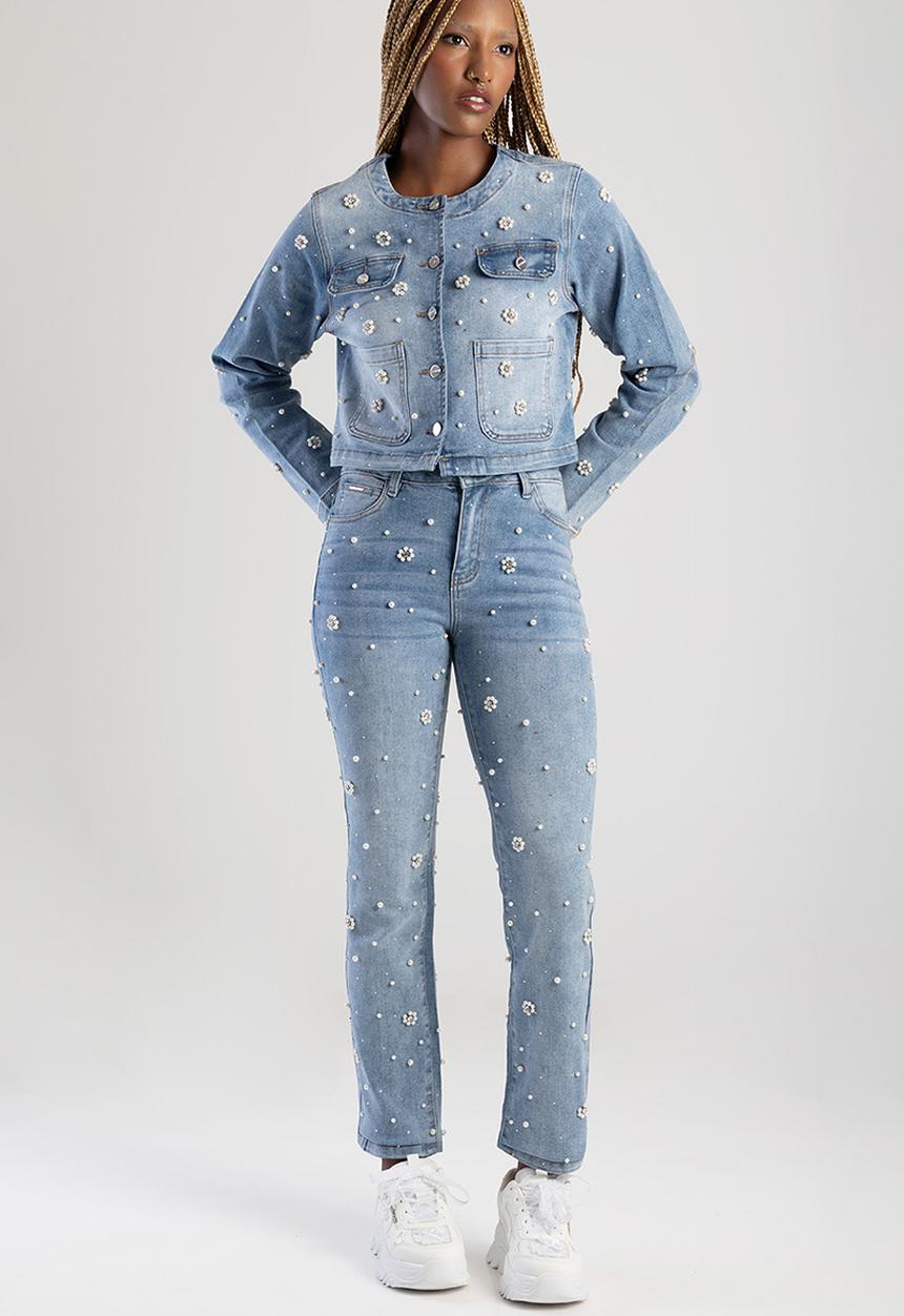 SISSY BOY - Leona Mid Waist Modern Stovepipe With Riveted Pearls And Diamantes - Light Vintage