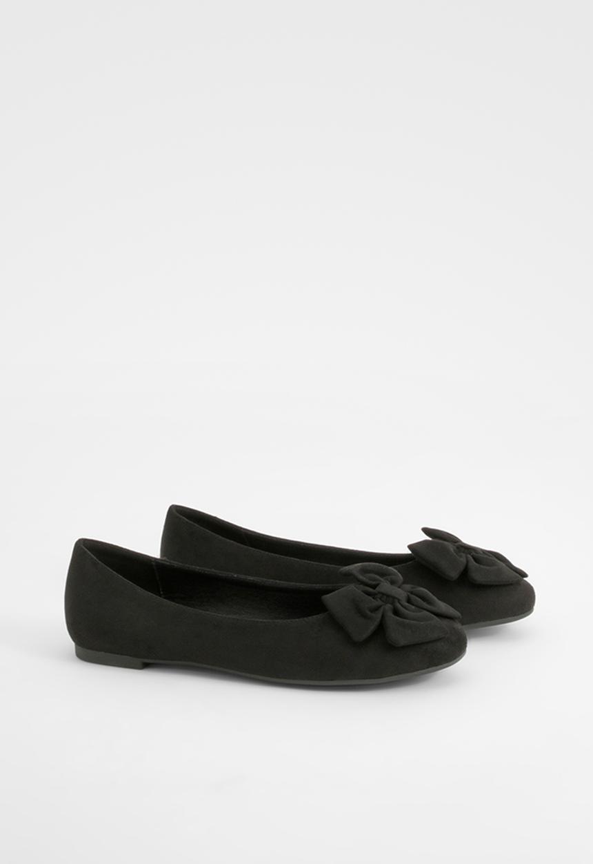 boohoo - Wide fit faux suede bow round toe ballerina - black