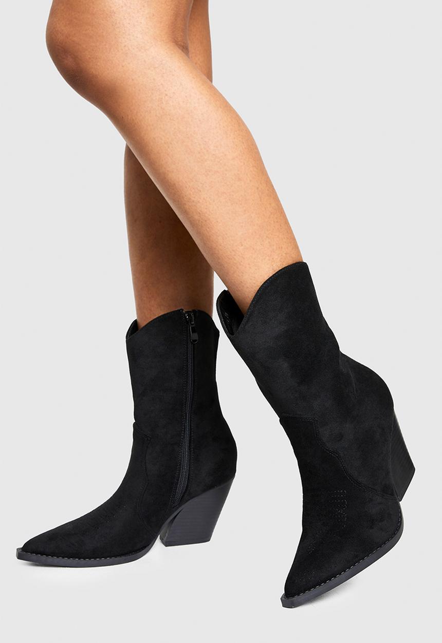 boohoo - Faux suede calf high western boots - black