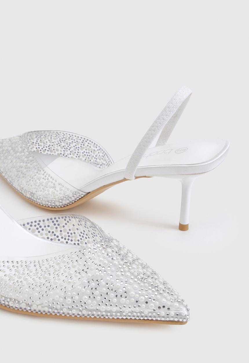 boohoo - Pearl embellished slingback court heels - white