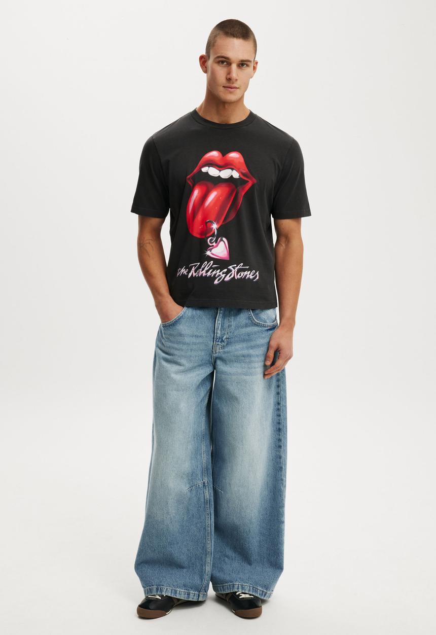 Cotton On - Cropped Fit Music T-Shirt - Lcn Bra Washed Black/Rolling Stones - Chrom