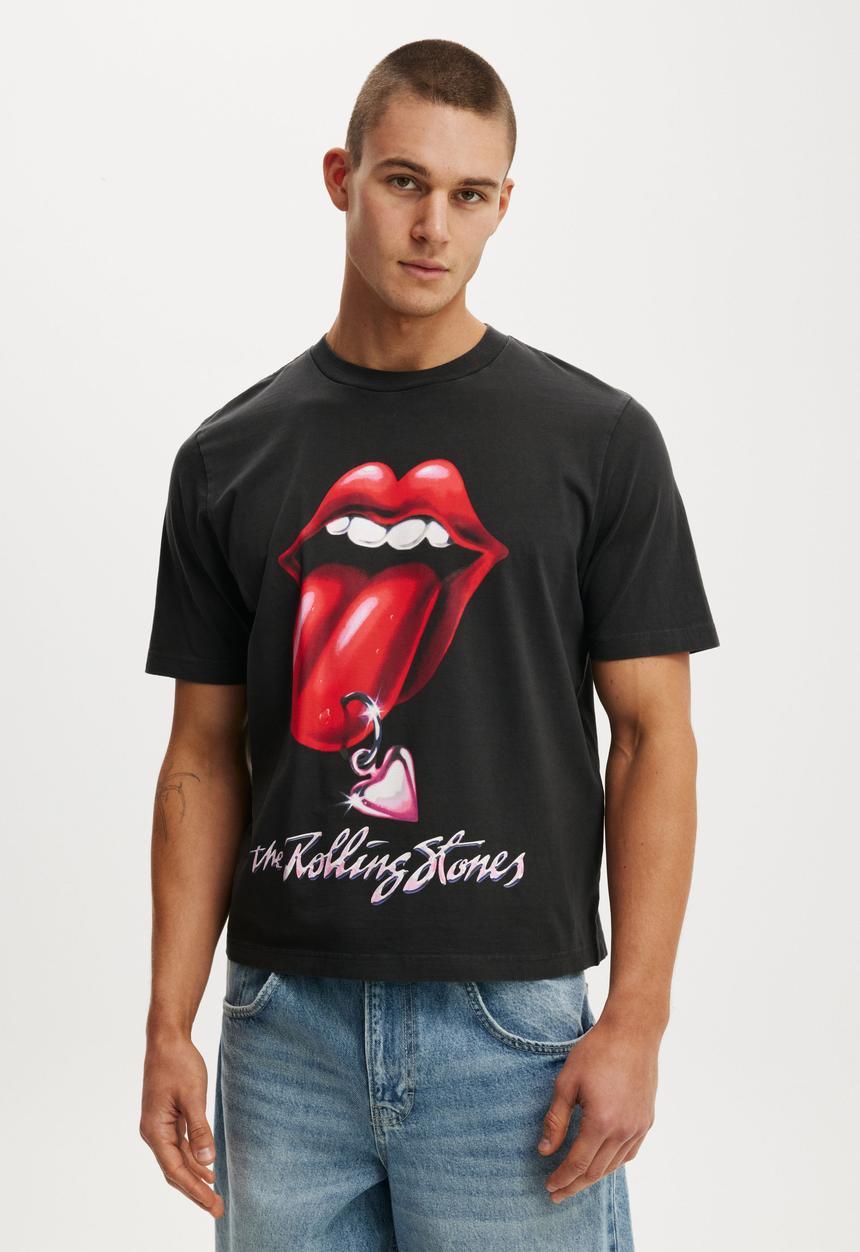 Cotton On - Cropped Fit Music T-Shirt - Lcn Bra Washed Black/Rolling Stones - Chrom