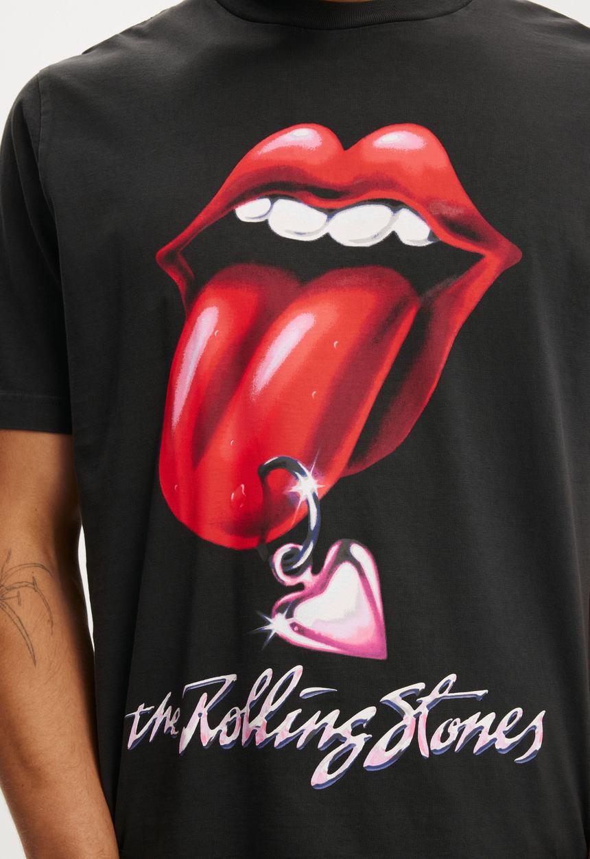 Cropped Fit Music T-Shirt - Lcn Bra Washed Black / Rolling Stones - Chrom