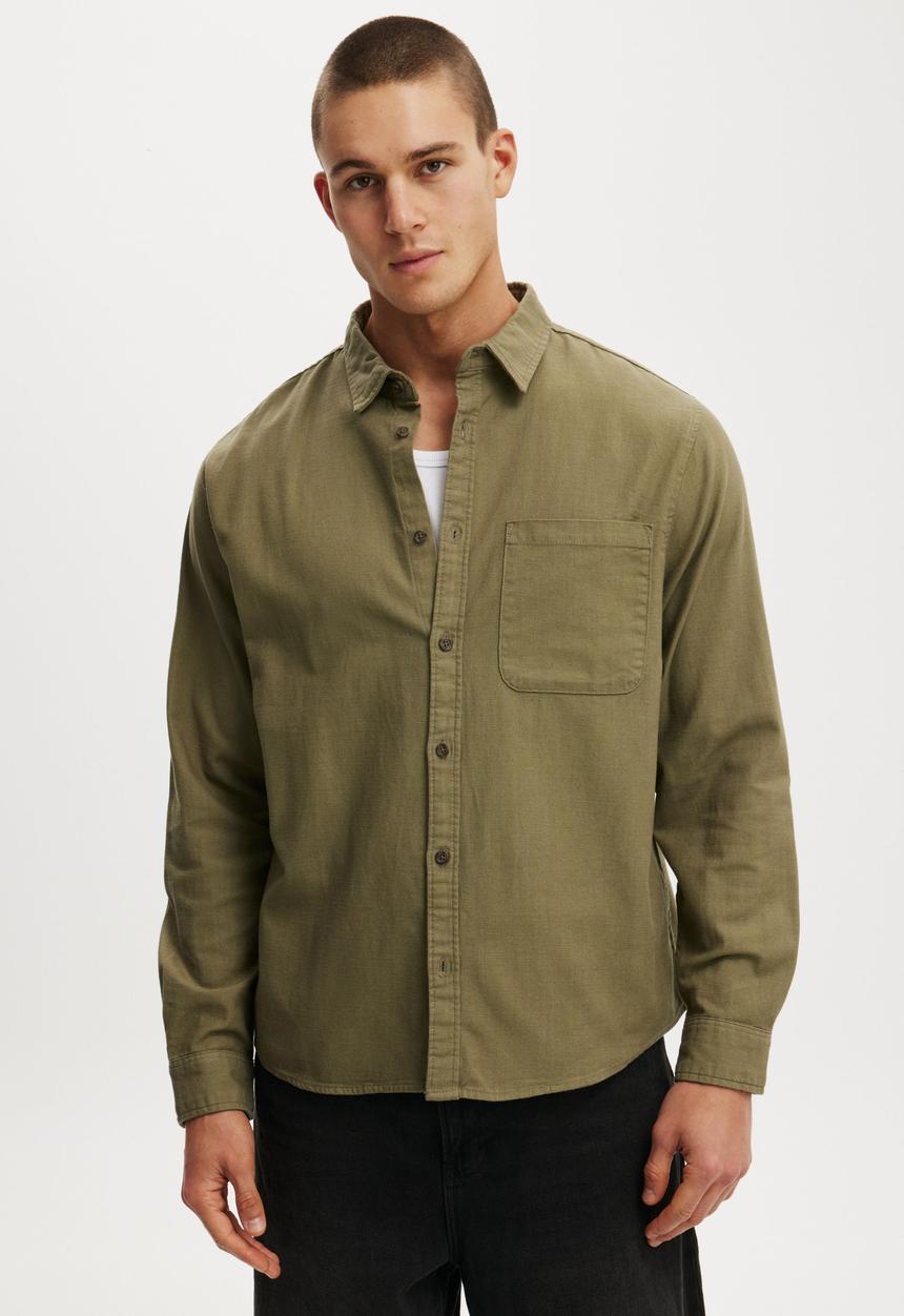 Cotton On - Lewis Long Sleeve Shirt - Washed Khaki