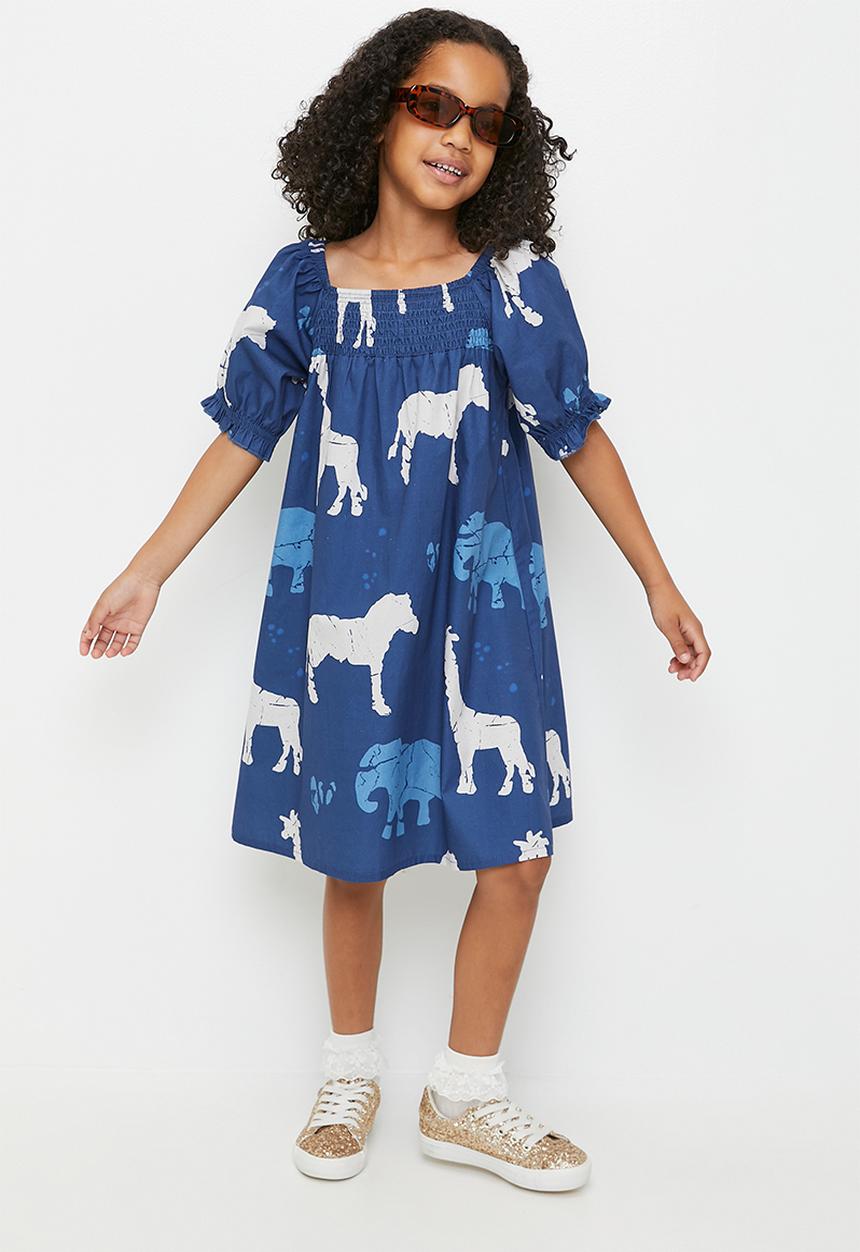 Pop Candy - Animal all-over-print dress - dark blue/blue/white