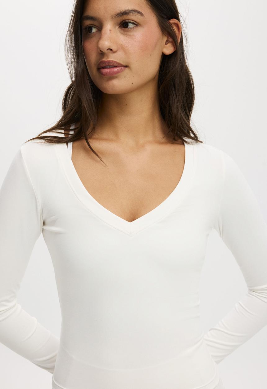 Cotton On - Ultra Soft Plunge Front Long Sleeve - Coconut Milk