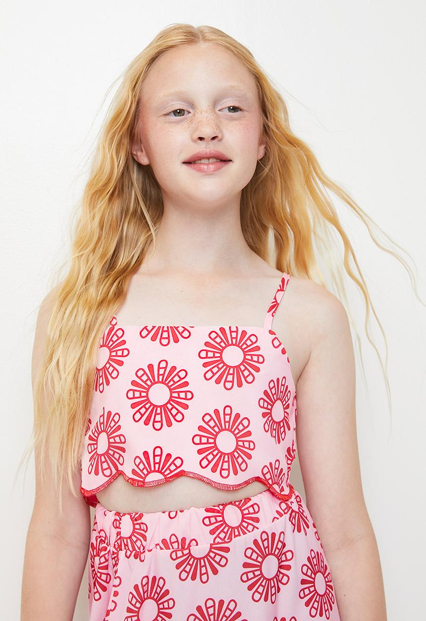 Pop Candy - Sleeveless cropped tee & maxi skirt with flare set - light pink floral